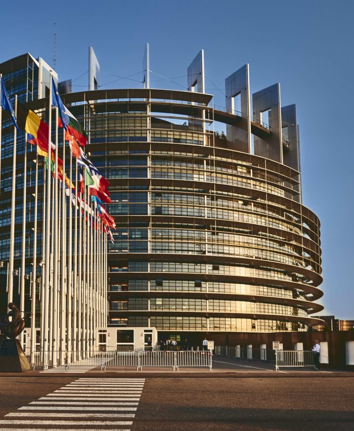 The European Parliament building in Strasbourg, France with a clear blue sky in the background
