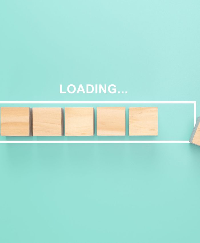 Showing loading bar with wood cube on blue background. Progress bar made from wooden cubes. Concept loading. Top view