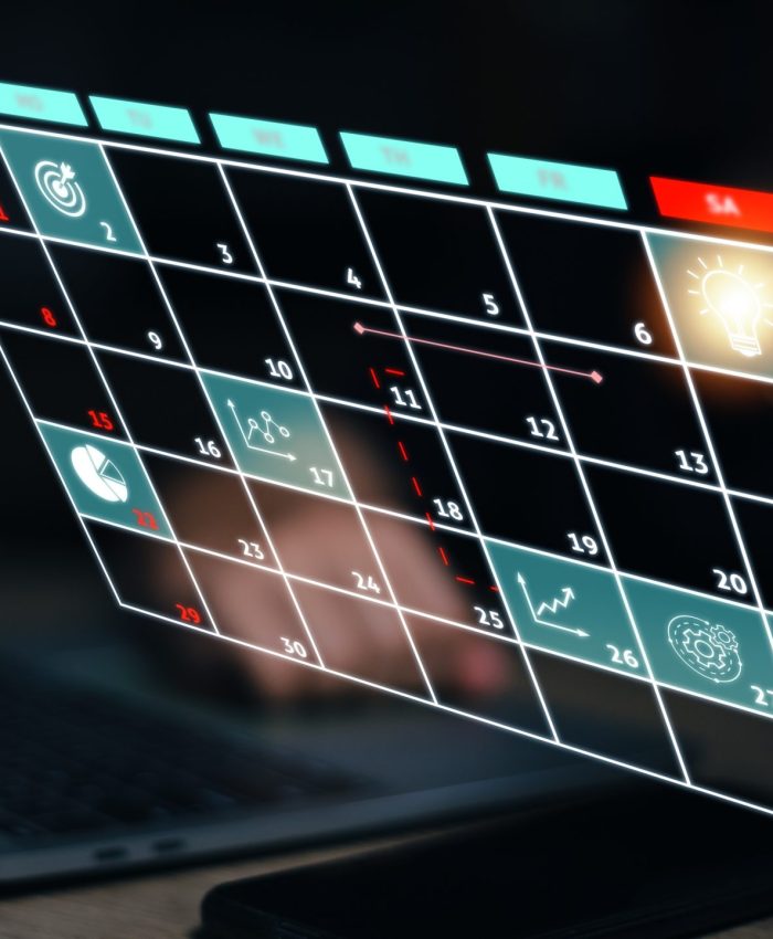 Work planning and business project management concept, virtual calendar screen and updating tasks and milestones progress planning to improve time management plan appointments, meetings efficiently, Registo pedido de auxilio, candidaturas,incentivo